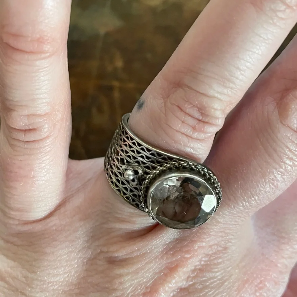 Vintage deco ring silver mesh with smoky quartz stone
